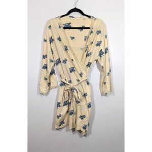 Victorias Secret Womens Robe Small Yellow Lace Trim Blue Floral Wrap Tie Belt